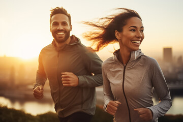 A portrait of a running couple, wearing workout tank tops, are doing exercise together with a smile on their face in the evening at the park was shot on a blurry lake background.Generative AI.