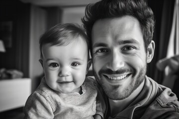 Portrait of caucasian father with newborn baby girl, Generative AI