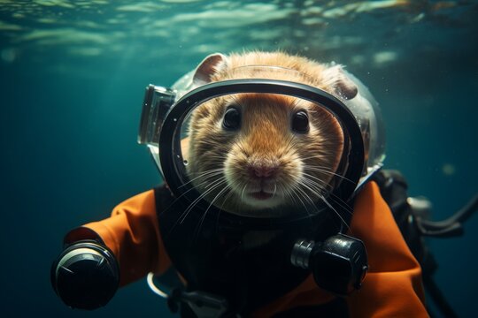 Photo of a hamster in a scuba diving outfit, exploring a tiny underwater scene. Generative AI