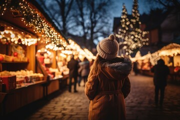 Obraz premium little girl with her back watching the lights of the Christmas market at night in the city at xmas eve, Colorful and bright bokeh lights.