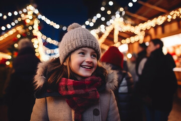 Cheerful smiling girl, enjoying the view of the christmas fair at night in the city at xmas eve. Colorful and bright bokeh lights in the Christmas market. - obrazy, fototapety, plakaty