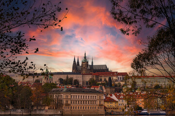 Fototapeta na wymiar Amazing sunset sky with Hradcin and Charles Bridge over Vltava river in Prague, Czech Republic.