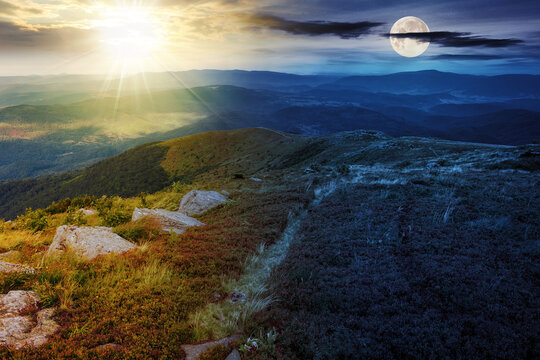mountain landscape with sun and moon at twilight. hillside with stones in grass. day and night time change concept. mysterious countryside scenery in morning light