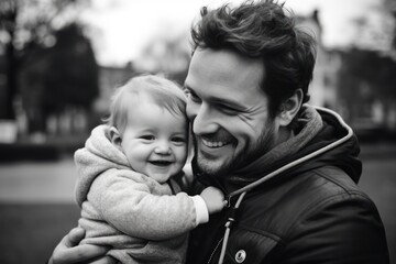 Fototapeta premium Portrait of caucasian father with newborn baby girl, Generative AI