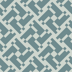 Abstract geometric seamless pattern in ethnic folk style. Simple ornament with lines, squares, repeat tiles. Stylish teal and green color texture. Modern tribal geometry background. Funky geo design
