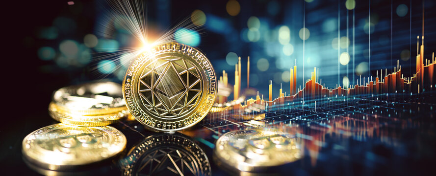 Criptomonedas y tecnolog&iacute;a. Moneda de oro Ethereum en el fondo de gr&aacute;ficos bancarios y financieros.