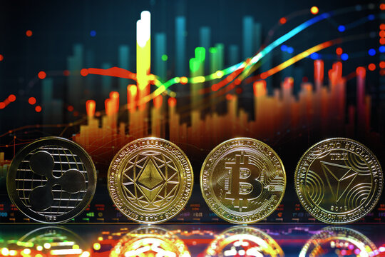 Criptomonedas y tecnolog&iacute;a.
Bitcoin,Ethereum,XRP y TRX monedas de oro sobre fondo futurista y abstracto de gr&aacute;ficos burs&aacute;tiles. Concepto de finanzas e inversi&oacute;n.