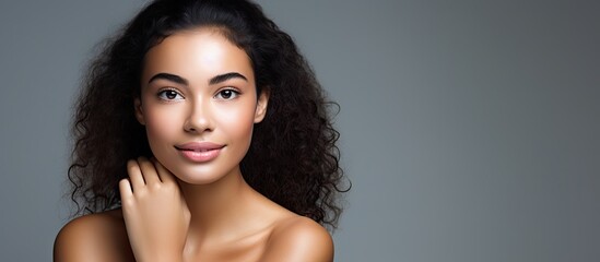 Mixed race girl with a focus on skincare acne care and skin examination - obrazy, fototapety, plakaty