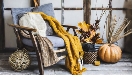cute autumn hygge home decor arrangement cozy chair with a warm blanket