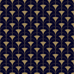 Vector seamless pattern in Art deco style. Golden abstract geometric background with curved shapes, peacock ornament, grid, lattice. Simple elegant gold and black texture. Modern repeat geo design