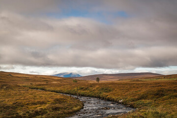 A cloudy autumnal HDR image of Lon Achadh na h-Albhne and a distant Ben Hee at Inchkinloch in Sutherland, Scotland.