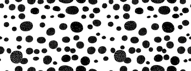 Fototapeta premium Seamless abstract hand drawn polkadot stripes doodle drawing pattern overlay. Trendy black ink pen wonky polka dot lines textile design illustration on white background.