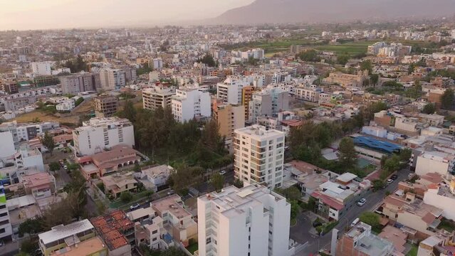 Aerial view of Cayma district in Arequipa at sunset, scenic Latin America landscape