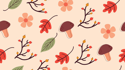 Happy thanksgiving greeting seamless pattern background with flower, berries, maple leaves, mushrooms or leaf. Cute summer design for fabrics, decorative paper. Textile print for kids or home decor.