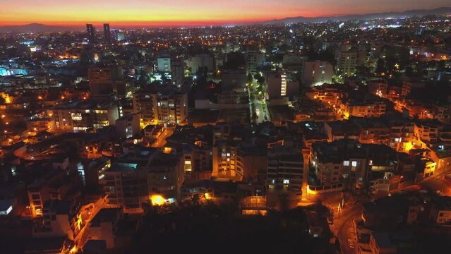 Aerial night view of Arequipa city, scenic Latin America landscape