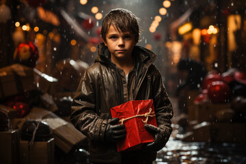 Child with gift on hands with holiday background and rain on Boxing Day (26th December)