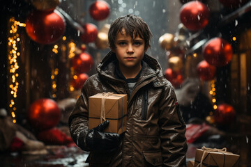 Boy with gifts with holiday background on Boxing Day