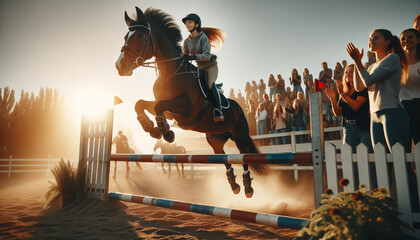 Junges Mädchen auf einem Pferd springt über ein Hindernis Hürde mit Zuschauern im Stadion Bauernhof bei Sonnenuntergang - obrazy, fototapety, plakaty