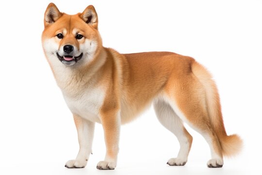 Photo of a loyal Akita Inu in a dignified stance on a clean white surface. Generative AI