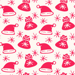 Christmas Seamless pattern with gifts and Santa Claus hats. Monochrome vector illustration