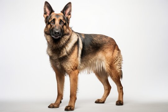 Photo of a majestic German Shepherd dog standing proudly on a clean white backdrop. Generative AI