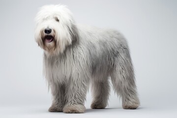 Photo of a majestic Old English Sheepdog with a shaggy coat on a clean white surface. Generative AI
