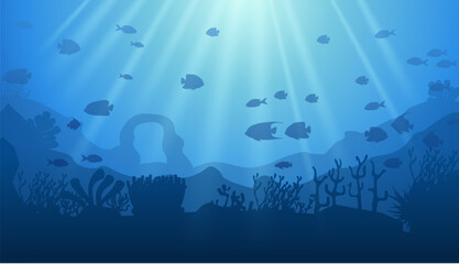 Fototapeta na wymiar Underwater background with coral reef, ship and fishes. Vector illustration.