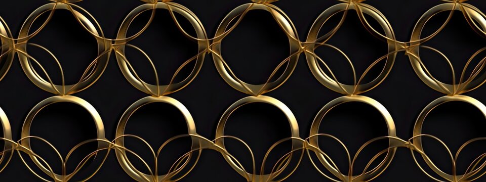 Seamless golden mid century modern diamond inscribed circles pattern. Vintage abstract geometric gold plated relief, black background. Retro elegant metallic wallpaper