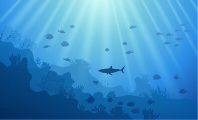 Underwater background with coral reef, ship and fishes. Vector illustration.