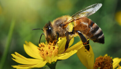 close up of a bee with a yellow flower on a green background