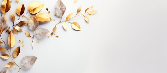 Fall themed banner featuring golden foliage of varying shapes on a light gray backdrop designed with minimal floral elements