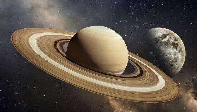 saturn planet with rings in outer space among star dust and srars titan moon seen elements of this image furnished by nasa
