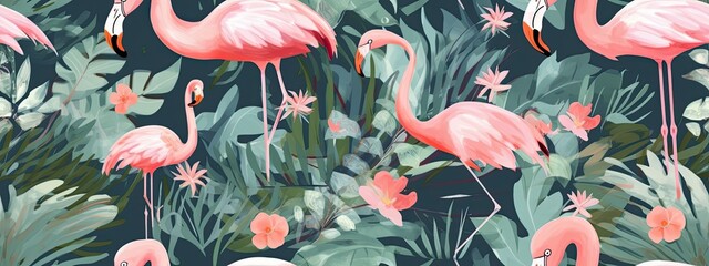 Fototapeta premium Seamless pink flamingos, abstract tropical palm leaf foliage repeat pattern. Artistic exotic jungle paradise vacation vibes mural wallpaper. Calming whimsical birds nature background