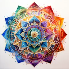 Foto auf Glas fantasy mandala watercolor art Colorful Bright Colors Mandala Art in Watercolor Background © Amir