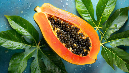 papaya fruit on blue background with water drops fresh exotic fruits border design half of fresh organic papaya exotic fruit with leaf close up top view