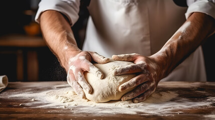 Gros plan sur les mains d'un boulanger en train de faire du pain. - obrazy, fototapety, plakaty