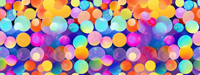 Seamless psychedelic rainbow disco polka dots pattern background texture. Trippy abstract glass refraction circles dopamine dressing fashion motif. Bright colorful neon wallpaper, retro backdrop - obrazy, fototapety, plakaty