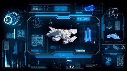Futuristic HUD display with 3D spaceship. Digital screen.