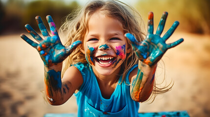 Une petite fille avec de la peinture sur ses mains en train de faire une activité manuelle l'après-midi.