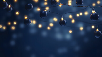 Des boules de noël avec une guirlande lumineuse en décembre. - obrazy, fototapety, plakaty