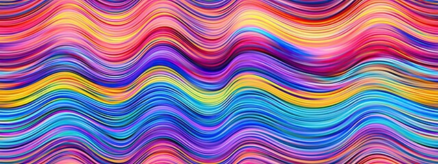 Seamless psychedelic rainbow wavy stripes pattern background texture. Trippy abstract striated agate marble slice dopamine dressing style fashion motif. Bright colorful neon retro wallpaper