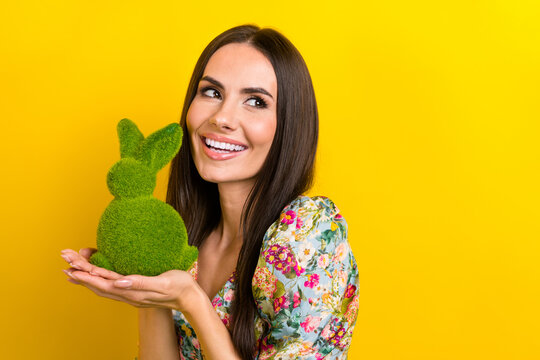 Photo of cheerful woman with straight hairdo dressed flower print blouse hold banny look empty space isolated on yellow color background