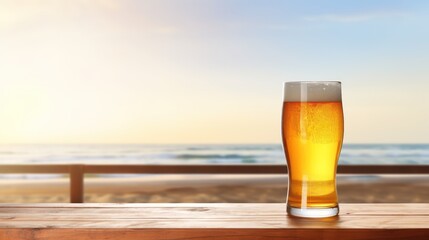 A cold glass of beer on wooden table on background of sea.