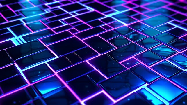 futuristic metallic neon tile floor, glowing lines representing data flow, electric blue and purple, cyber pattern. generative AI - Powered by Adobe