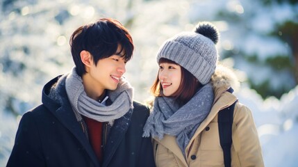 冬のカップル、笑顔の日本人の男性と女性 - obrazy, fototapety, plakaty