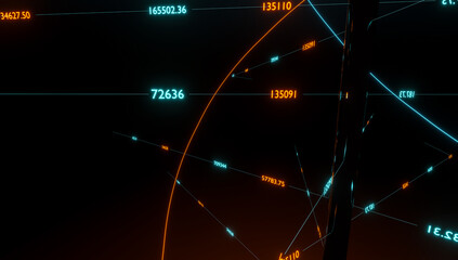 Abstract numbers, illuminated in orange and blue, data in a virtual space. Information, code, big data, network, and science. 3D illustration