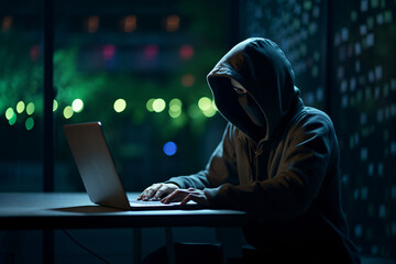 A man with a mask and hood behind a laptop computer. Symbol of a group of hackers and anti-system uprisings. AI generated.