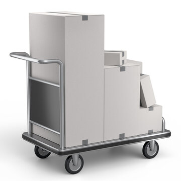 Airport luggage cart or baggage trolley side with cardboard boxes or cartons