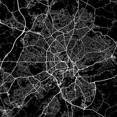 1:1 square aspect ratio vector road map of the city of  Nottingham in the United Kingdom with white roads on a black background.
