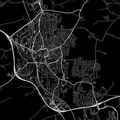 1:1 square aspect ratio vector road map of the city of  Kettering in the United Kingdom with white roads on a black background.